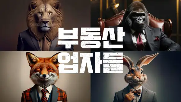 부동산 업자들을 동물로 형상화. 사자: 시행업자, 고릴라: 시공업자, 여우: 분양업자, 토끼: 중개업자