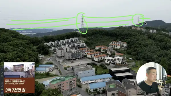 신현동 전원주택하면 송전선을 얘기 안 할 수가 없다. 산 아래 대부분이 영향권이다.
