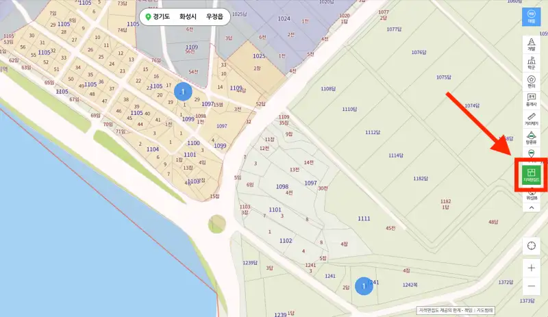 네이버부동산 모습. 오른쪽 화살표에 '지적편집도'를 클릭하면 체류형쉼터 입지를 파악할 수 있다.