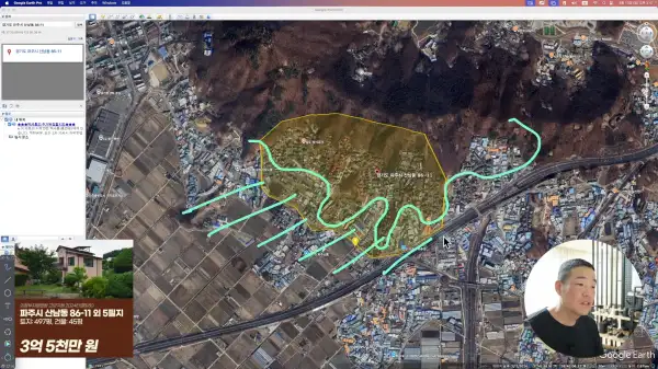 산남동 SBS전원마을 구글지도. 선 아래가 모두 공장, 창고, 논밭이다.