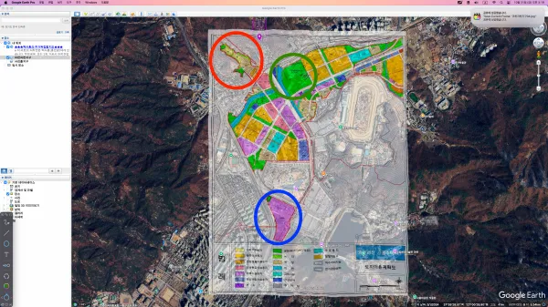 붉은원이 고급 전원주택 단지로 예상되며, 그 아래 녹색원이 메인 공원, 가장 하단 파란원은 종합병원 예정지다