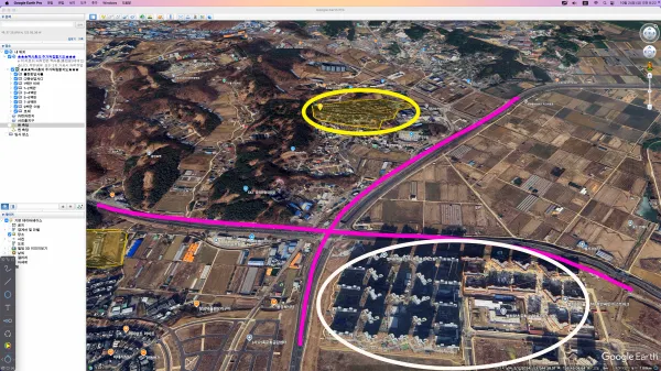 주거독립할지도로 본 큰 입지. 빨간 선이 도로, 흰 원은 최근 조성된 별하람마을