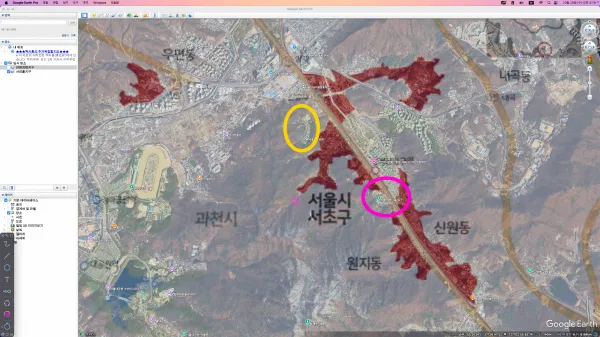 서리풀지구 단점 요소들. 노란 원이 추모공원, 붉은 원이 등산로 입구 맛집거리.