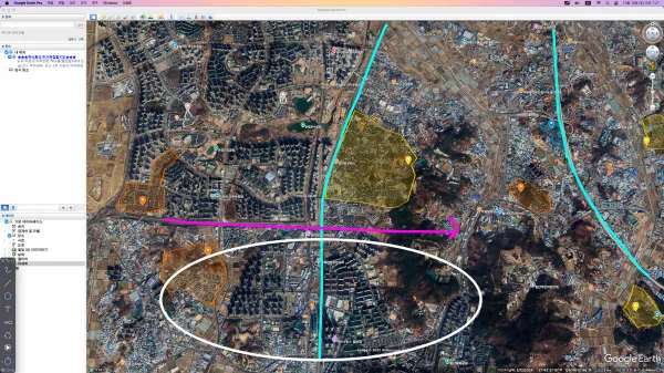 초록 세로 줄이 교통망, 가로지르는 붉은 줄이 최근 생길 도로망, 그 밑 원이 일산이다.