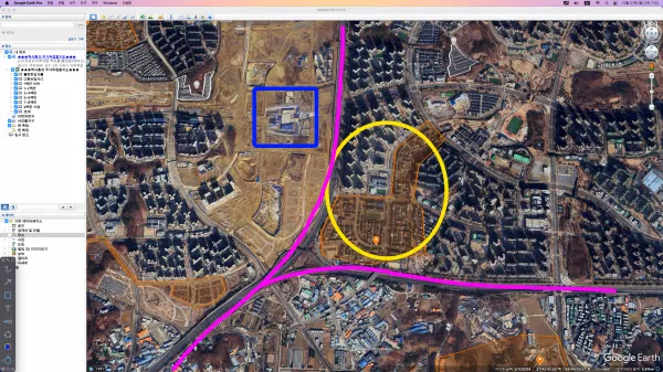 주거독립할지도로 본 큰 입지. 붉은 선이 고속도로, 파란 박스가 GTX운정중앙역.