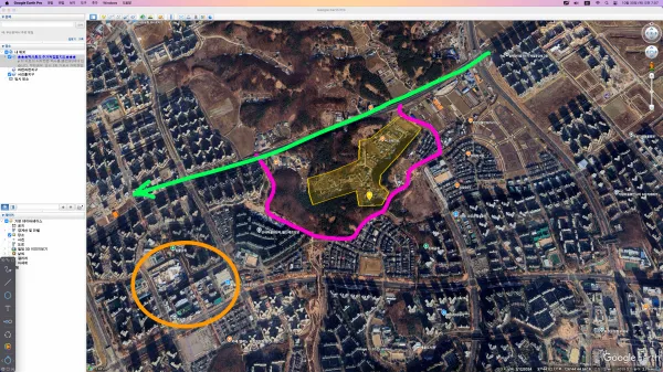 붉은 라인 아래로 모두 신도시. 녹색 선을 따라가면 제2자유로와 GTX를 만난다. 노란원은 운정 최대 상권 홈플러스.