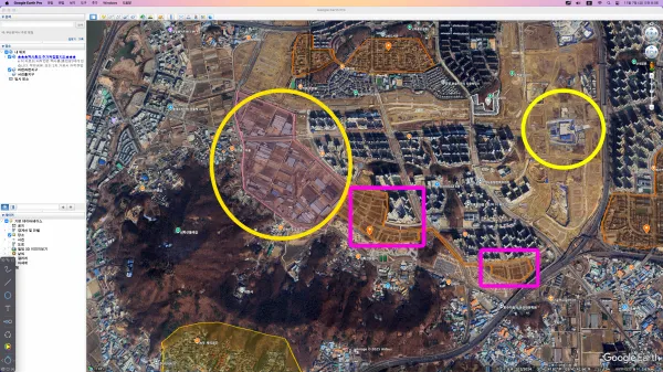 가운데 붉은 박스가 필지들, 왼쪽 원이 메디컬클러스터, 오른쪽 원은 GTX운정중앙역이다
